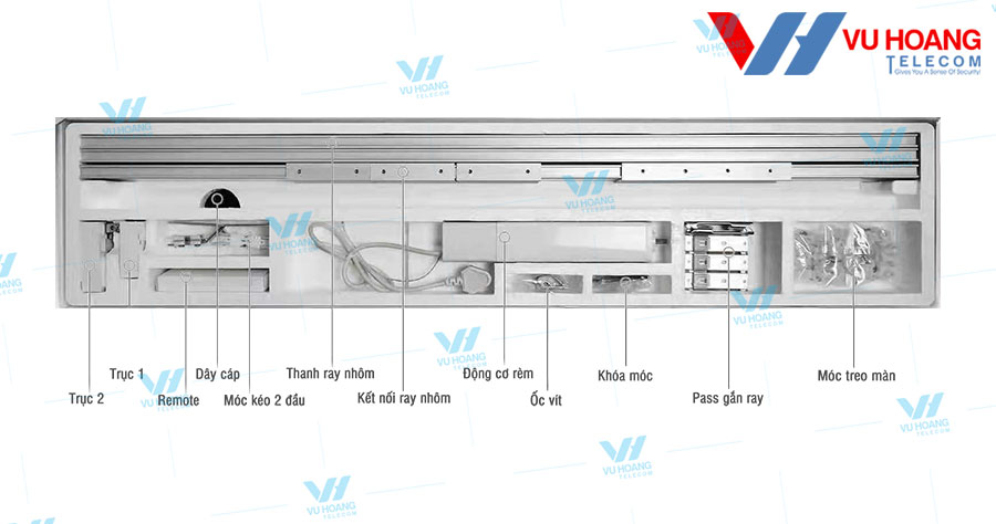 Bộ mô tơ rèm cửa có đầy đủ phụ kiện và thanh nhôm-Motơ, remote