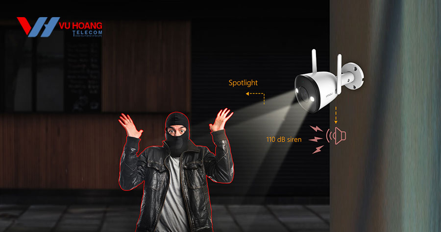 Tích hợp đèn Spotlight cảnh báo và còi báo động.