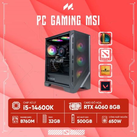 PC Gaming MSI i5K-4060 (i5-14600K, RTX 4060 OC 8G, Ram 32GB DDR4, SSD 500G, 650W)