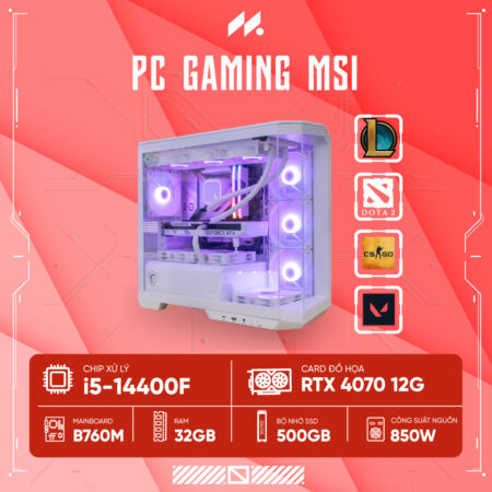 PC Gaming MSI PROJECT ZERO 5F (i5-14400F, RTX 4070 12G, Ram 32GB DDR5, SSD 500G, 850W)