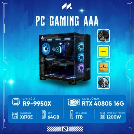 PC GAMING AAA R9-5080 (Ryzen 9 9950X, RTX 5080 16G, Ram 64GB, SSD 1TB, 1200W)