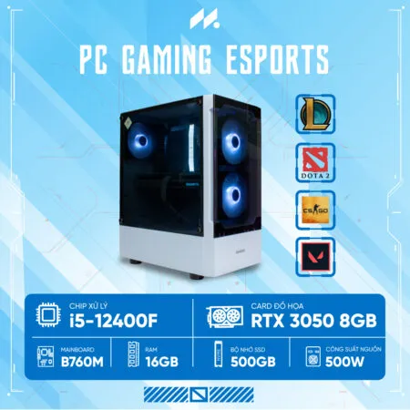PC Gaming Esports i5-3050 WHITE (i5-12400F, RTX 3050 8G OC, Ram 16GB, SSD 512GB, 500W, Win 11)