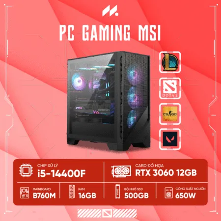 PC Gaming MSI i5-3060R (i5-14400F, RTX 3060 OC 12G, Ram 16GB DDR4, SSD 500G, 650W)