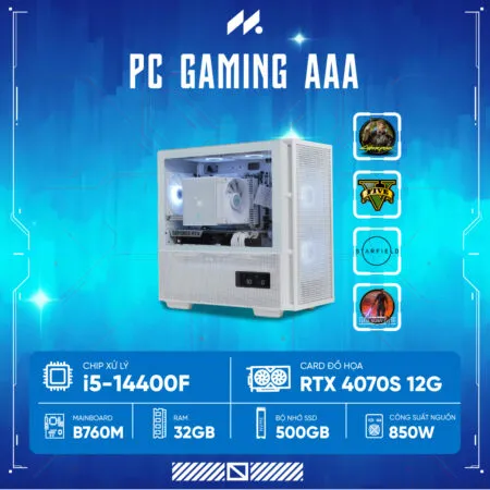 PC GAMING AAA i5 4070 SUPER WH ( i5-14400F, RTX 4070 SUPER 12G , Ram 32GB DDR4 , SSD 500GB, 850W )