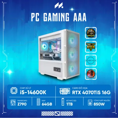 PC GAMING-AAA I5-4070TIS WH ( i5-14600K, RTX 4070 Ti SUPER 16GB, Ram 64GB, SSD 1TB, 850W )