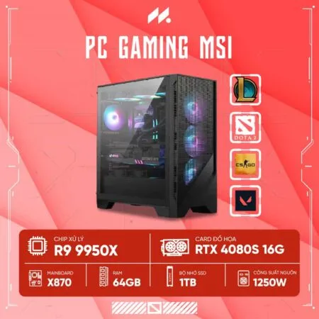 PC Gaming MSI R9-4080S ( Ryzen 9 9950X, RTX 4080 Super 16G, Ram 64GB DDR5, SSD 1TB, 1250W )