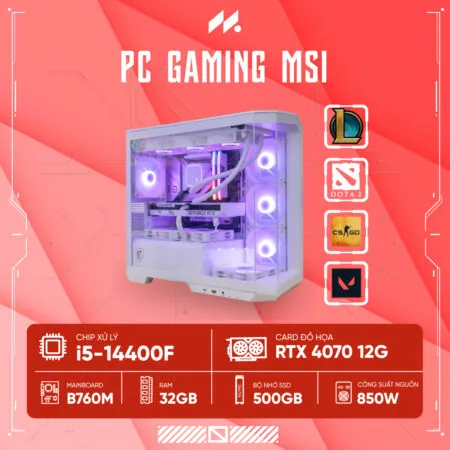 PC Gaming MSI PROJECT ZERO 5F (i5-14400F, RTX 4070 12G, Ram 32GB DDR5, SSD 500G, 850W)