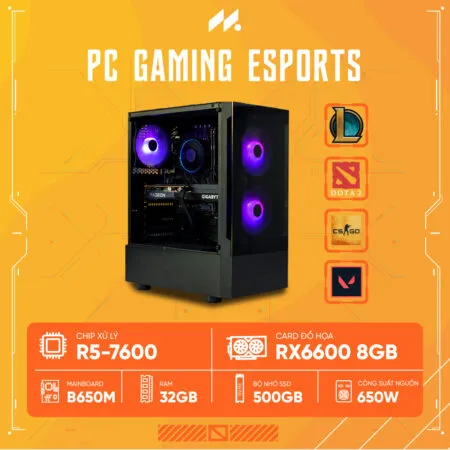PC Gaming Esports R5-6600 (Ryzen 5 7600, RX 6600 8G, Ram 32GB, SSD 512GB, 650W, Win 11)