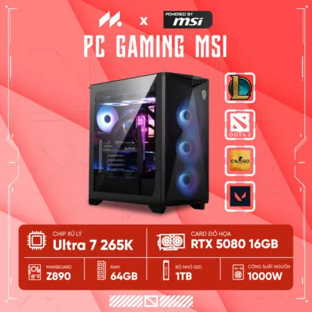 PC GAMING MSI U7-5080 ( Ultra 7 265K, RTX 5080 16G, Ram 64GB DDR5, SSD 1TB, 1000W, WIN11 )