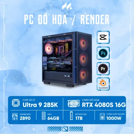 PC Render U9-4080S ( Ultra 9 285K, RTX 4080 SUPER 16GB, Ram 64GB DDR5, SSD 1TB, 1000W)